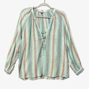 Rails Brielle Top Tie V-neck Size Medium Linen Blend Green Tan Stripe Coastal